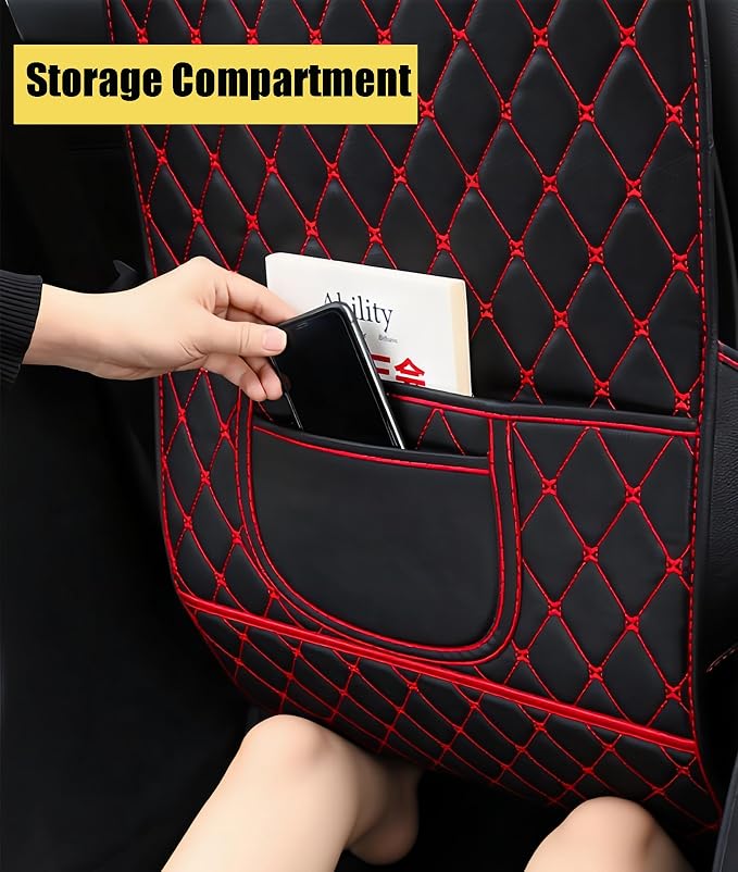 Leatherette Car Seat Protector - 2 Pack Large Car Kick Mats with Storage Organizer Seat Back Cover Against Dirty Shoes & Scratches, Universal Fit for Most Vehicles (Black with Red Line)