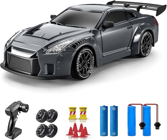 RC Drift Car, 1:24 Remote Control Car for Kids, 20KM/H 4WD High Speed RC Cars with Lights, Extra Racing Tires, Vehicle for Adults Boys Girls, Gray