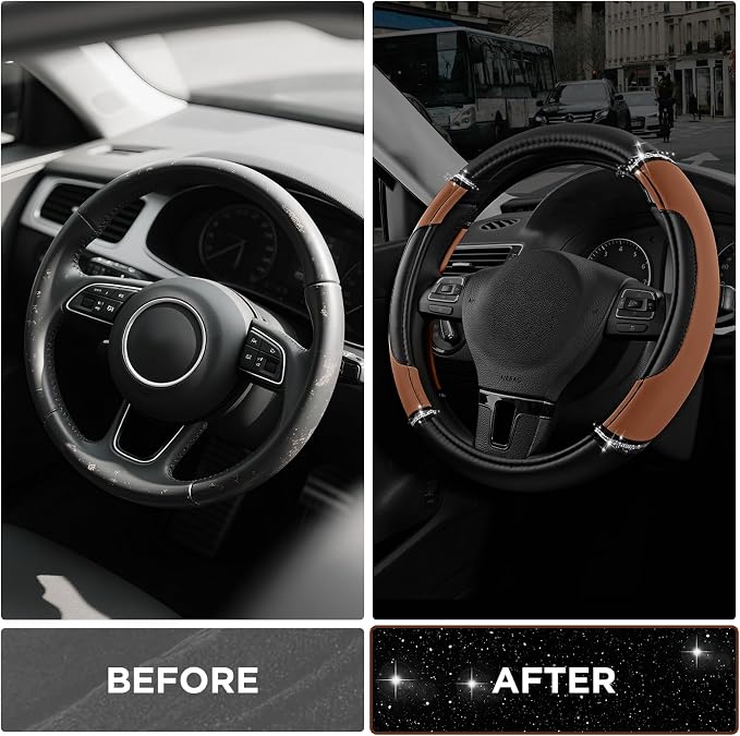 Leather Steering Wheel Cover - Made with PVC Leather Bling Design - Anti-Slip Wheel Cover Universal Fit Most 14 1/2 inches to 15 inches - Brown Color