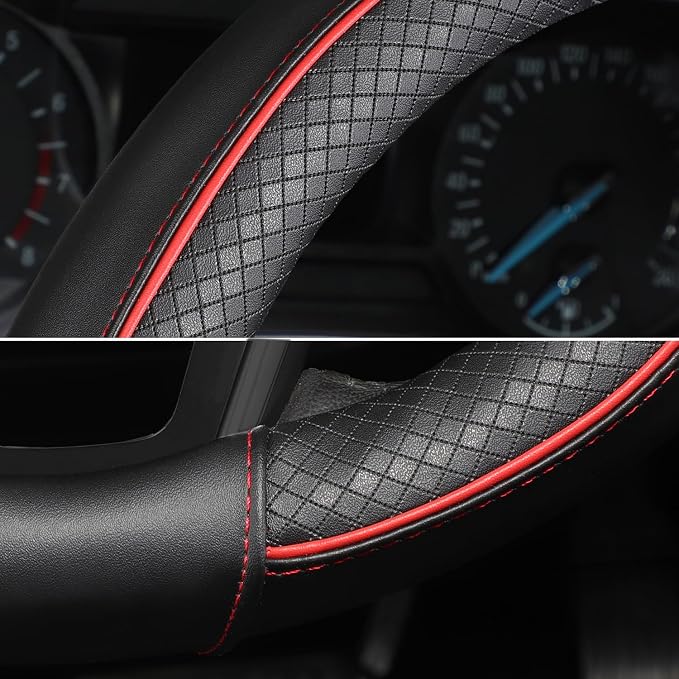 Steering Wheel Cover 14.5-15 inch (37-39 cm) Medium Size, Microfiber Leather, Non-Slip Comfortable Grip, Fits Cars Trucks SUVs, Black and Red