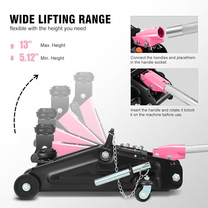 DNA Motoring Floor Jack with Socket and Lock, Low Profile Hydraulic Trolley Jack for Cars Lift, 2 Ton (4000 lbs) Capacity, Lifting Range 5.12"-13", Pink, TOOLS-00677-PK
