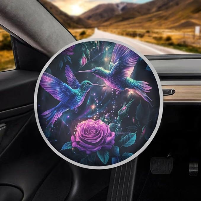 Hummingbird Rose Steering Wheel Cover Sun Shade 17 inch Anti-Heat Steering Wheel Sunshade,Block UV Rays Cool in Summer,Steering Wheel Accessories for Women,Universal for Cars SUV Truck Van