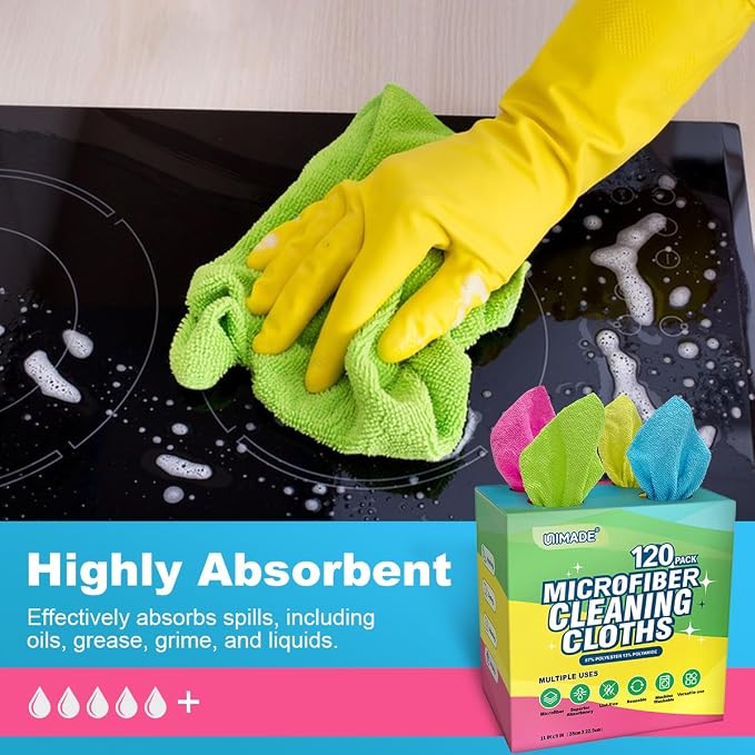 Microfiber Cleaning Cloth, 120 Pack Reusable Paper Towels Microfiber Towels for Cars Lint Free Shop Rags for Home Kitchen Automotive, 11"x 9", Pink & Yellow & Green & Blue