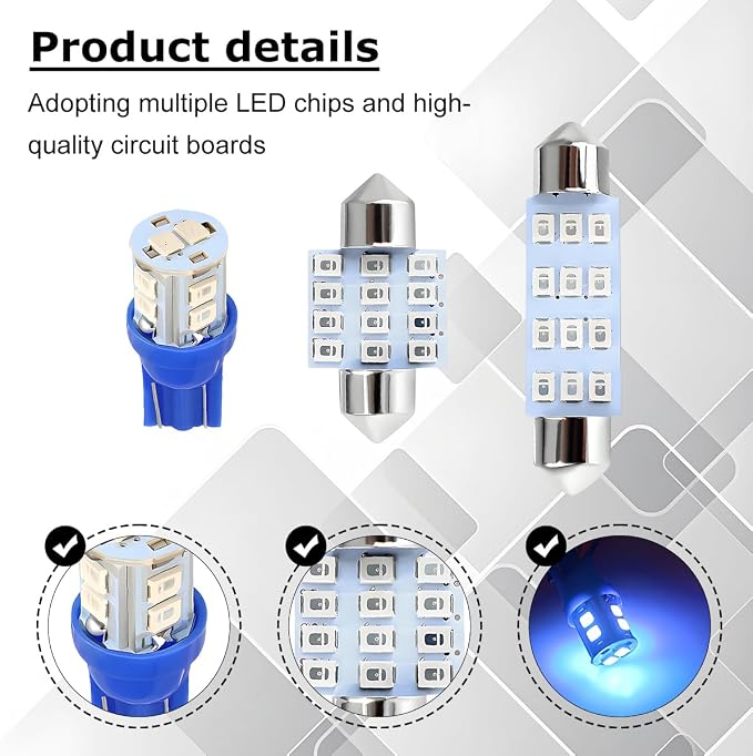 24PCS LED Interior Car Lights, T10 31mm 41mm Dome Bulb Kit, Blue | 194 168 2825 DE3175 578 sockets, alloy PCB, output for map trunk license tag, plug in, automotive accessories