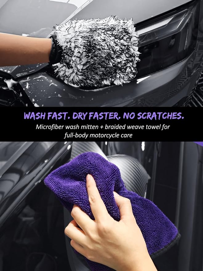 7PCS Motorcycle Cleaning & Polishing Kit - Ultimate All-in-One Care with Wax Applicator Pads, Detailing Brush & Weave Drying Towel | Safe for Chrome, Paint, Tires for Bikers