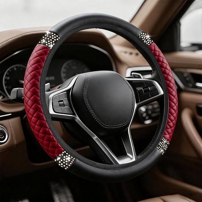 Bling Soft Leather Steering Wheel Cover, Steering Wheel Protector, 15 Inch Rhinestones Car Elastic Protector with Crystal Diamond for Women Girls, Car Accessory for Vehicles (Wine Red)