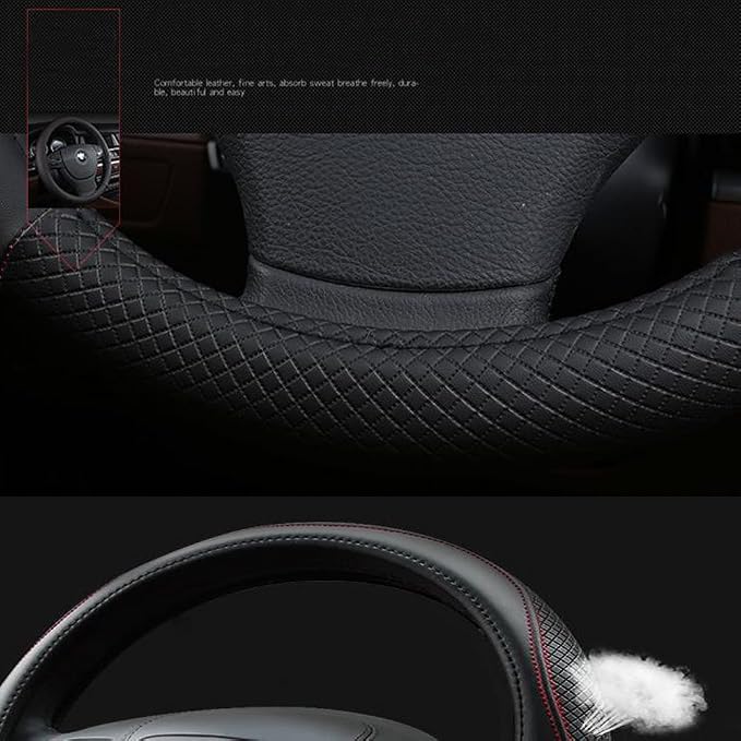 Car Steering Wheel Cover, Leather, Universal 15 Inch Fit, Anti-Slip & Odor-Free (Black)