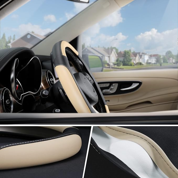 Car Steering Wheel Cover for Medium Standard Size Steering Wheels with 14 1/2-15 inches Outer Diameter, Black and Beige Microfiber Leather