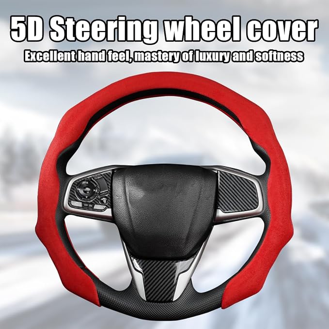 Mandark Car Steering Wheel Cover, Suede Sport Vehicle Steer Wheel Protector Fitting 15 Inch, Non-Slip Comfortable Automotive Interior Decoration Accessories, Universal for Most Cars (Red)