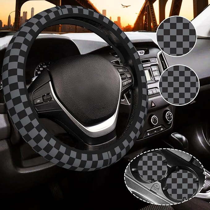 Black and Gray Checkered Steering Wheel Cover for Women, Steering Wheel Covers with Anti-Slip Lining, Universal 14.5-15 inchs Car Interior Accessories with 2PCS Car Coasters Suitable for Men and Women