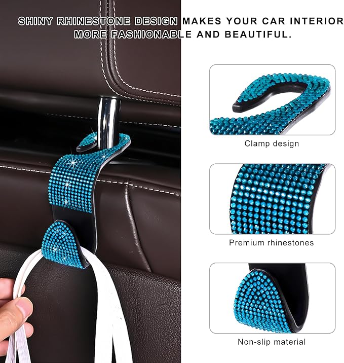 4 PCS Car Seat Headrest Hooks, Bling Crystal Rhinestone Back Seat Hanger Storage Organizer, Sparkly Seatback Holder Hooks for Purse and Bags Universal For Most Vehicles (Lake Blue)