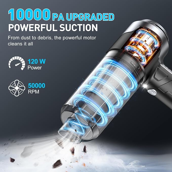 Handheld Car Vacuum Cleaner, 10000PA Vacuum Cleaner & Air Duster, 120W High Power Vacuum Portable Cordless, Hand Held Vacuum Rechargeable with Multi-Nozzles & LED Light for Home, Car, Office
