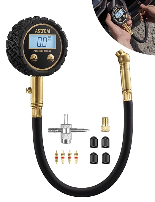 Tire Pressure Gauge for Cars with Backlit LED, Solid Brass with Rubber Hose, Air Bleeder Valve, ANSI B40.7 Grade 2A(±0.5%), 3-250PSI