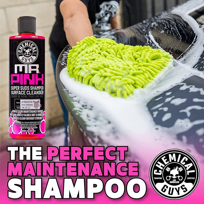 Mr. Pink Car Wash Soap & Chenille Wash Mitt Kit - 16 oz High Foaming Auto Shampoo with Plush Microfiber Mitt - Safe for Cars, Trucks, Motorcycles, and RVs - Scratch-Free Cleaning Combo