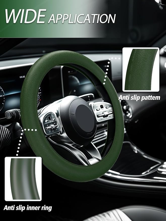 Car Steering Wheel Cover, Non-Slip Silicone Material, Multiple Color Choices, Universal Auto Parts Steering Wheel Cover, Suitable for Most Cars (Dark Green)