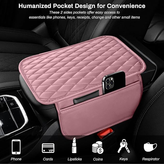 Car Center Console Cover, Upgraded Microfiber Leather Car Arm Rest Cover with 2 Storage Bags Universal Armrest Cover for Car Storage Box Car Interior Accessories Protector for Most Vehicle-Pink