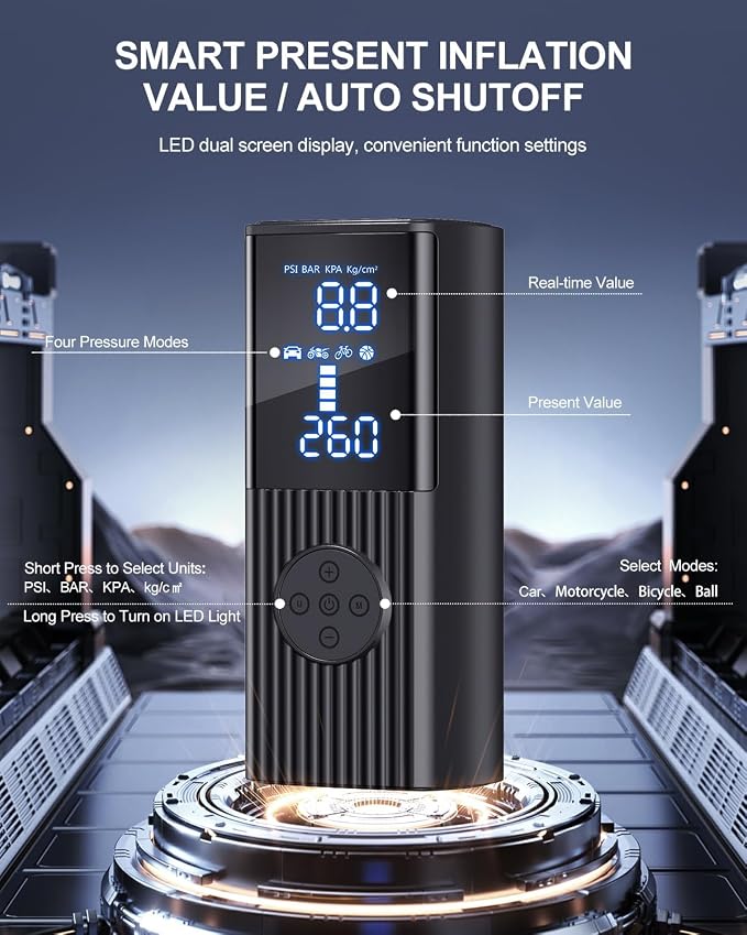 Tire Inflator Portable Air Compressor, 180PSI Cordless Air Pump with Digital Gauge, LED Light, 3X Faster Air Compressor for Cars, Motorcycles, Bicycles, Balls
