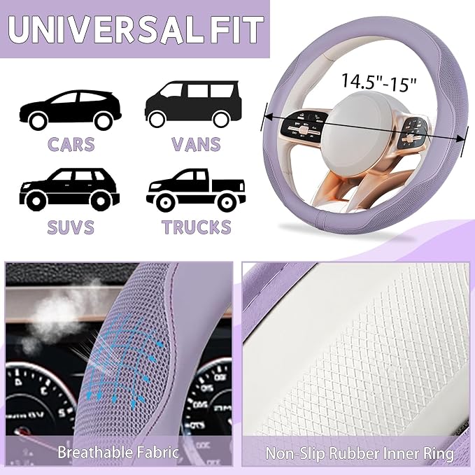 6 PCS Nappa Microfiber Leather Purple Steering Wheel Cover Set, Breathable Fabric Steering Wheel Cover 14.5-15inch Universal, Car Center Console Cover, Seat Belt Cushion, Cup Holder Coaster