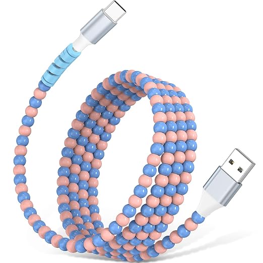 USB A to USB C Cable 3FT,Beaded Charger Cord for iPhone 17 16 Pro Max 16e 15 Car play,Cute TypeC Car Charger Charging Cord for iPad 10 11th/Samsung S26 S25 S24/Pixel/Android Phone Girls Women,PinkBlue