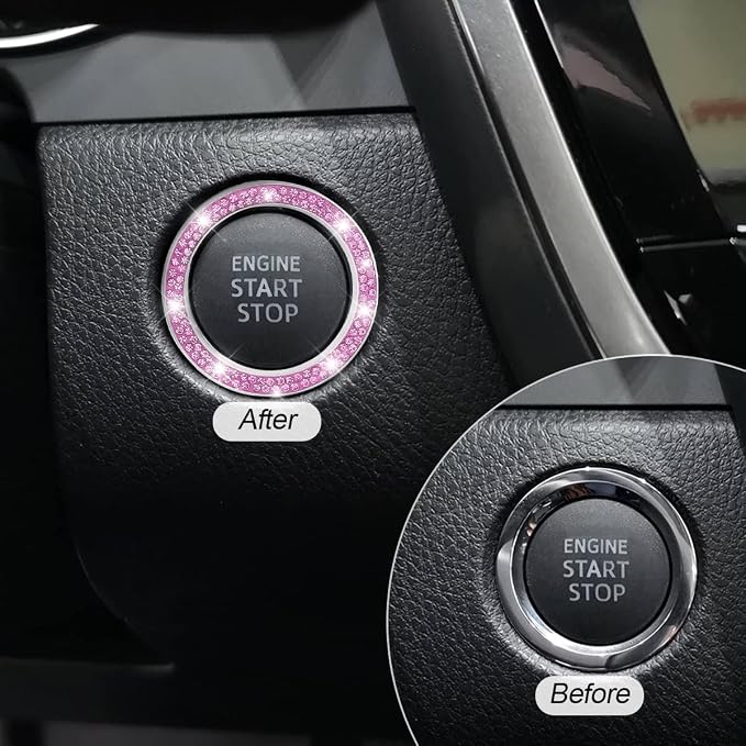 Car Bling Crystal Rhinestone Engine Start Ring Decals, 2 Pack Car Push Start Button Cover/Sticker, Key Ignition Knob Bling Ring, Sparkling Car Interior Accessories for Women (Double Purple)