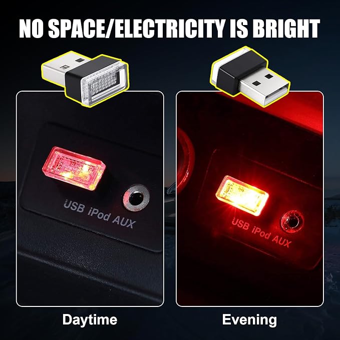 4 PCS USB LED Car Interior Atmosphere Lamp, Portable Mini LED Night Light, Plug-in USB Interface Trunk Ambient Lighting Kit, Universal Interior Accessories (Red+Purple)