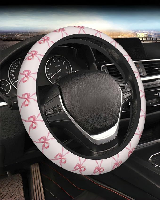 Steering Wheel Cover Accessories Neoprene Cover, Breathable Non-Slip Easy to Install Suitable for Women Men, 14.5-15.5 Inch for Car SUV Van Truck Universal - Pink Bow