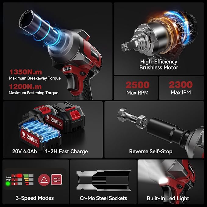 Cordless Impact Wrench 996Ft-lbs(1350N.m), 1/2 Inch High Torque Impact Gun, 20V 2x4.0Ah Batteries & Fast Charger, 3 Variable Speeds, LED Light, High-Rate Impact Driver for Truck/Car/Pickup