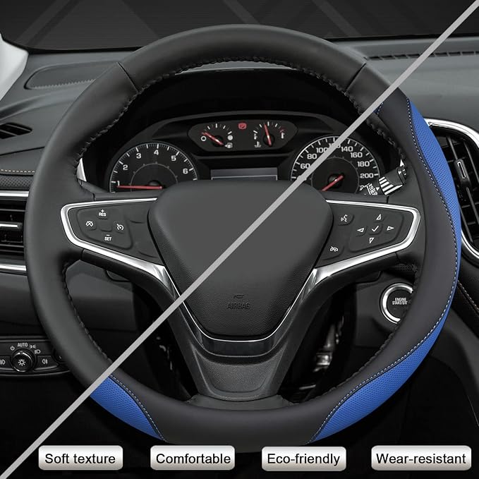 Customized Auto Car Steering Wheel Cover for Chevy 14.5-15 inches, Steering Wheel Cover for Chevrolet (Black+Blue - Standard Size)