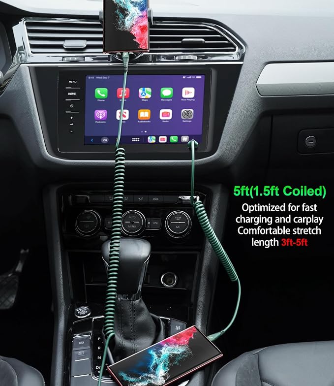 USB C Cable Fast Charging 60W 5FT, 2Pack Coiled USB A to USB C Cable for Car, iPhone USB C Cable USB to Type C Charging for iPhone 17/16/15 Pro Max/Samsung Galaxy S20 S10 and More USB C Devices-Green