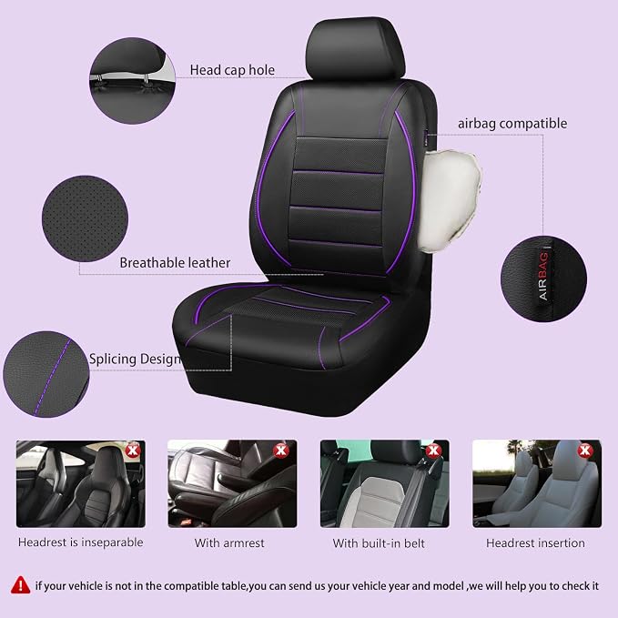 Universal FIT Piping Leather Two Front Seat Covers, Waterproof Faux Leather for SUV Sedan Van Truck, Airbag Compatible,Reserved Opening Holes for Headrest Covers(Black and Purple)