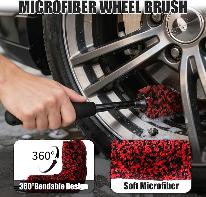 4PCS Long Handle Wheel Brush Kit,Bendable and Durable Wheel Rim Cleaner Brush Set Red