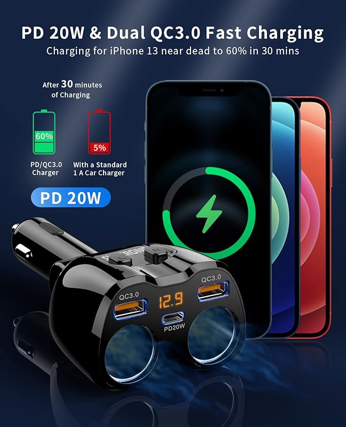 [2026 Upgraded] Cigarette Lighter Splitter, 180W 2-Socket Cigarette Lighter Adapter with Dual QC3.0 and 20W PD USB C Car Charger Splitter for GPS/Dash Cam/Laptop/iPad/iPhone 17/16/15/14/13/12