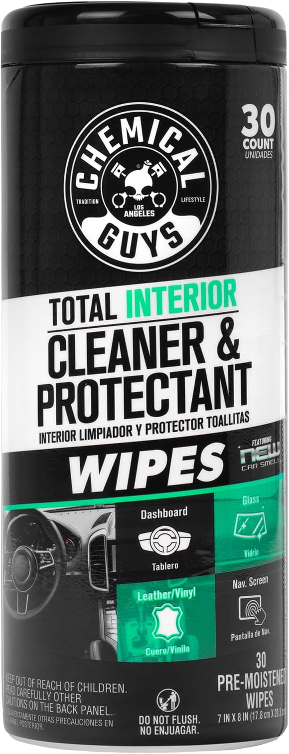 Total Interior New Car Smell Cleaner & Protectant Wipes – All-in-One Interior Cleaning Wipes for Dashboards, Vinyl, Leather, Fabric & Glass – Cleans & Protects, New Car Scent, 30 Ct