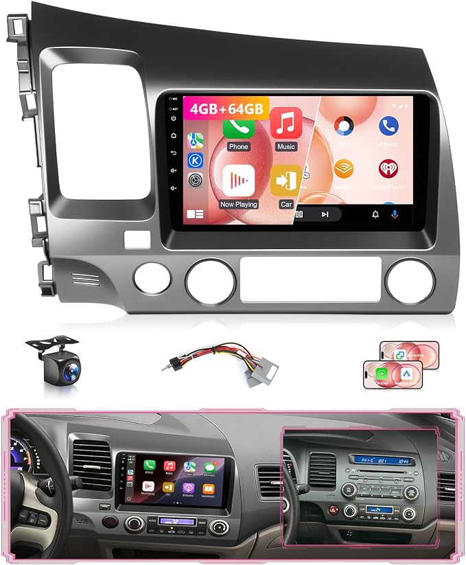 8Core 4G + 64G Android Car Stereo for Honda Civic 2006 to 2011 Apple CarPlay Android Auto, 9IN IPS Touch Screen for Civic Head Unit 5G WiFi GPS Navi FM RDS EQ DSP Audio Receiver SWC Camera