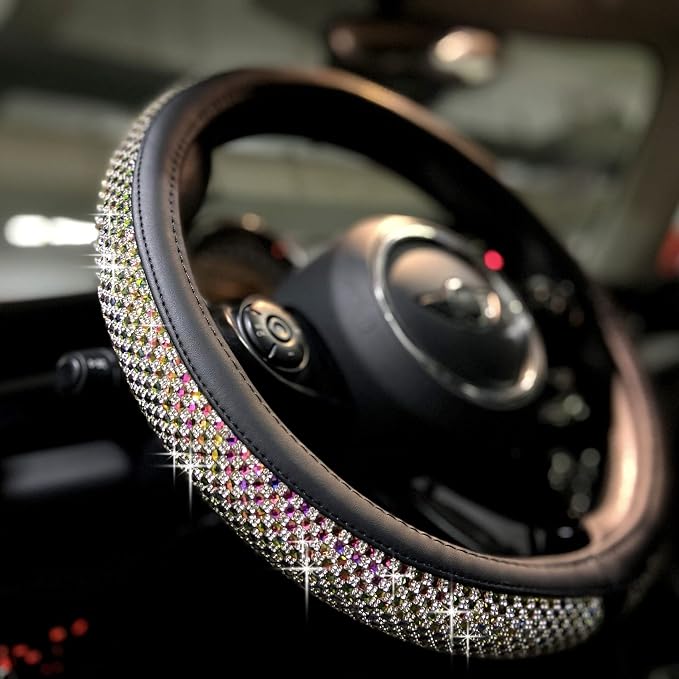 Large Size Bling Comfy Steering Wheel Cover with Jumbo Crystal Rhinestones, Anti-Slip Diamond Leather, 15.5-15.75 Inch (Colorful)