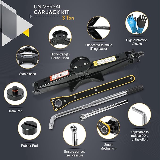 Car Jack Kit 3 Ton (6,600 lbs) with Tesla Pad & Universal Rubber Pad | Scissor Jack for Car - Tire Jack Tool Kit | Portable, Ideal for SUV and Auto - Universal Emergency Kit with Lug Wrench