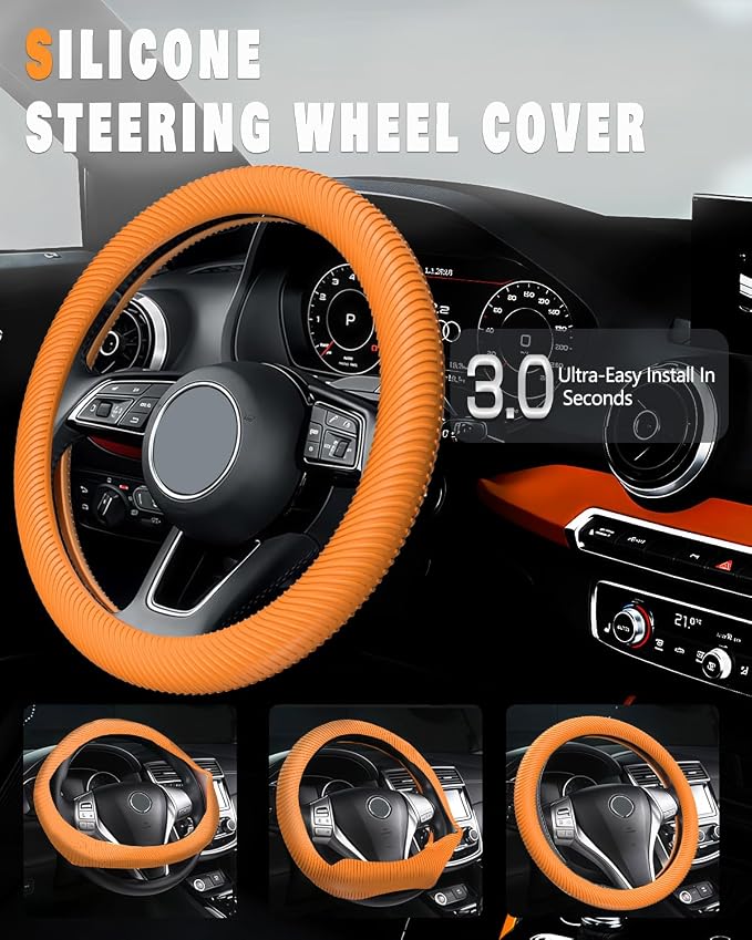 Car Steering Wheel Cover, Thin Anti-Skid Silicone Steering Wheel Cover for Men & Women, Universal Automotive Interior Accessories for Most Cars (Dark Orange)