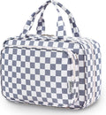 Travel Toiletry Bag for Women Large Hanging Makeup Bag Organizer Toiletries Bag for Full Size Essentials Accessories Cosmetics (Grayish Blue Checkerboard (Large))