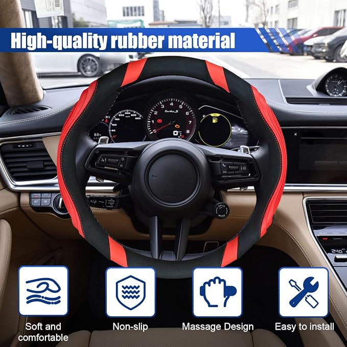 Car Steering Wheel Cover, 15 Inch Leather Anti-Slip Breathable Automotive Steering Wheel Protector, Universal Heat Resistant Vehicle Interior Accessories Cars, SUVs, Trucks(Red)