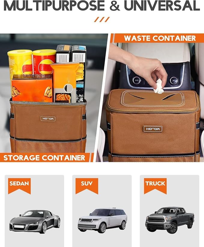 3 Gallons Car Trash Can, Ultra Large Capacity Organizer and Storage with Adjustable Straps & Magnetic Snaps, Waterproof Car Accessory for Interior Car Stuff Storage, Brown