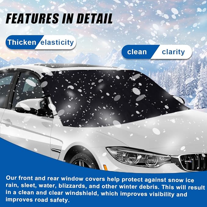 Car Front Windshield Snow Cover, 74×66 Inch Anti Ice Frost Windshield Protector, Windproof Oxford Front Window Cover, Winter Car Accessories for Cars, Trucks, SUVs, Lorries (Front Cover)