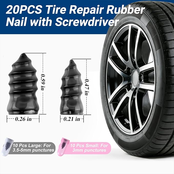 21 PCS Tire Repair Rubber Nail Kit, Premium Spiral Screw-in Tire Plugs with 2 Sizes, Emergency Roadside Flat Tire Fix Tool for Car Truck Motorcycle Tractor ATV SUV (20 PCS + 1PC Screwdriver)