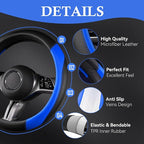 Faux Leather Steering Wheel Cover and Waterproof Car Floor Mats,Universal Car Combo Fit for 95% Sedan,SUV,Cars,14.5-15inch Sporty Anti-Slip Safety Comfortable Design(Black＆Bule)