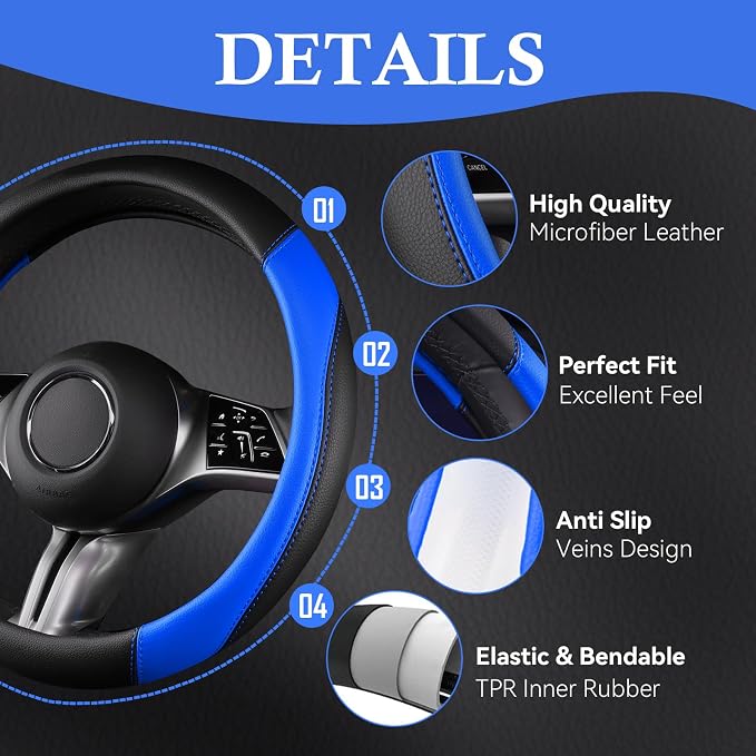 Faux Leather Steering Wheel Cover and Waterproof Car Floor Mats,Universal Car Combo Fit for 95% Sedan,SUV,Cars,14.5-15inch Sporty Anti-Slip Safety Comfortable Design(Black＆Bule)