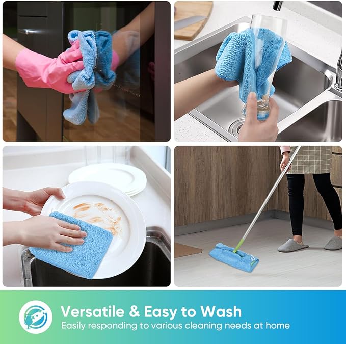 Blue Microfiber Cleaning Cloth, 12 Pack Premium Microfiber Towels for Cars, Lint Free, Scratch-Free, Highly Absorbent, Reusable Cleaning Rags for Car, Household, Kitchen, Window,11.5"X11.5"
