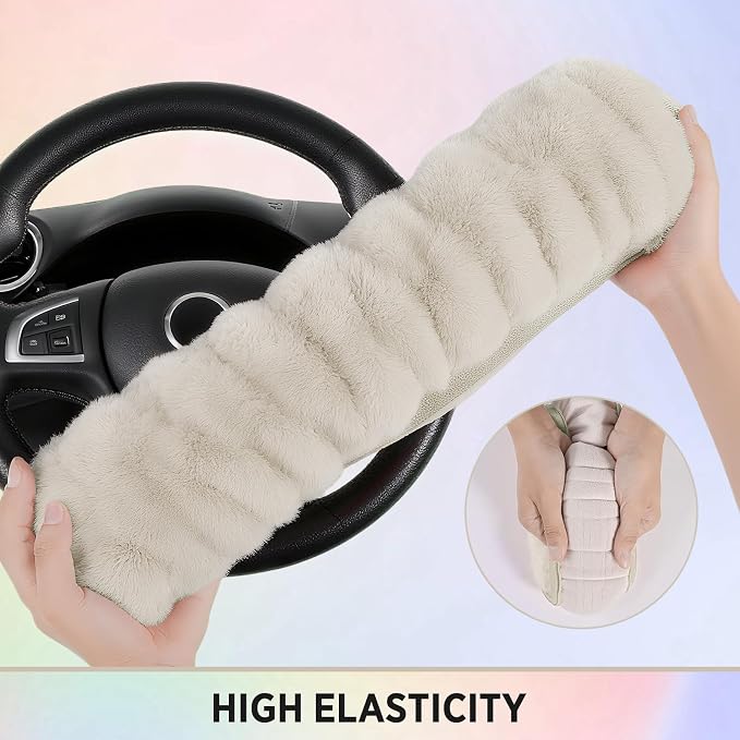 Steering Wheel Cover, Fluffy Car Wheel Covers for Women/Girls/Ladies，Soft Wool Fur Steering Wheel Protector, Universal 14 1/2 inches to 15 inches - White