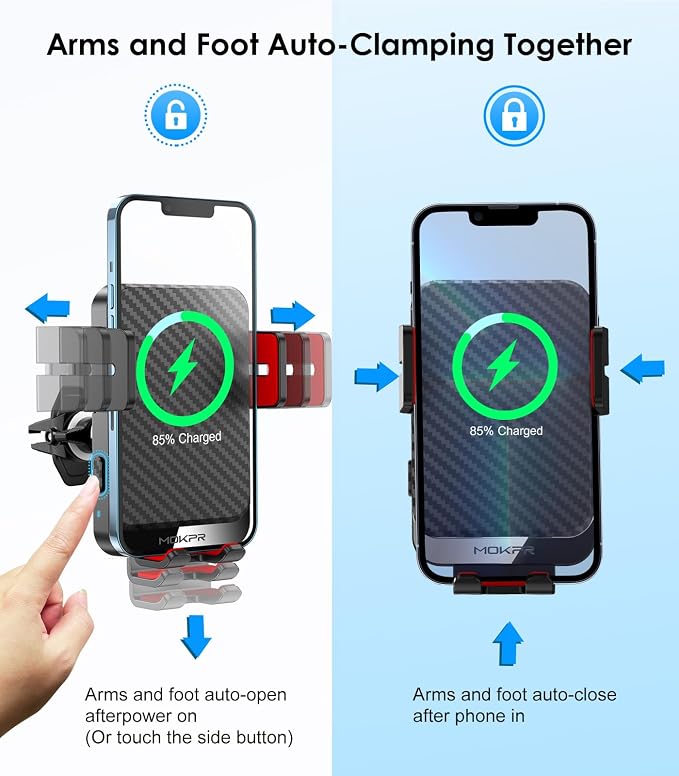 Wireless Car Charger, 15W Fast Charging Auto-Clamping Phone Mount Air Vent Cell Phone Holder Compatible with iPhone 16 15/14/13/13 Pro/12 pro/12, for Samsung Galaxy S23/S22/S21/S20, Red