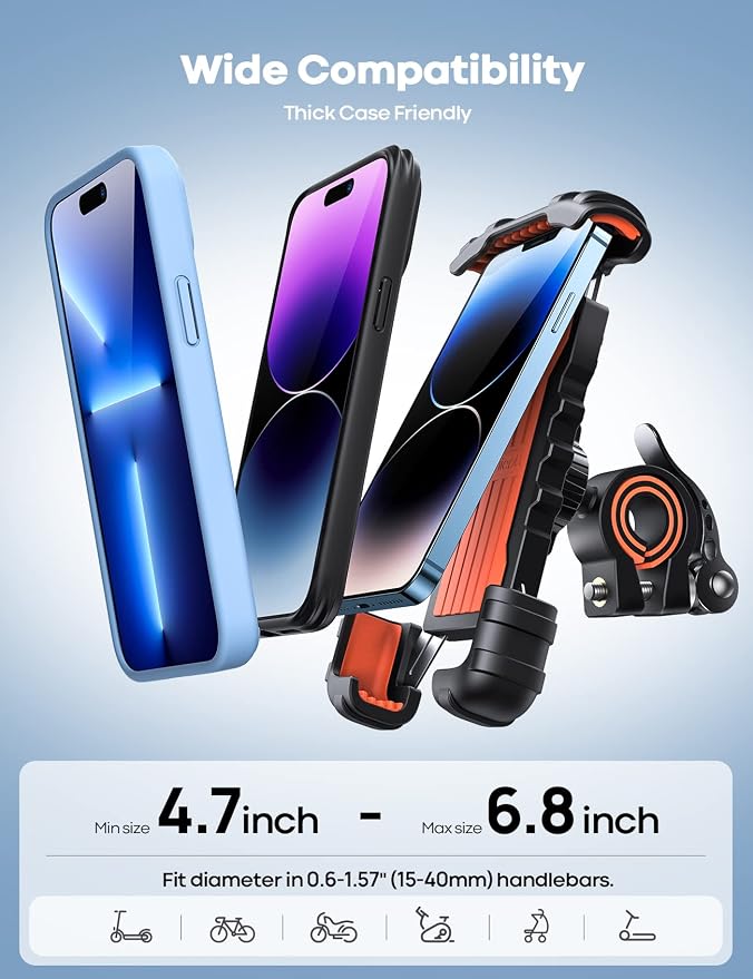 Bike Phone Holder, Motorcycle Phone Mount - Motorcycle Handlebar Cell Phone Clamp, Scooter Phone Clip for iPhone 14 Plus/Pro Max, 13 Pro Max, S9, S10 and More 4.7" - 6.8" Smartphone, Orange