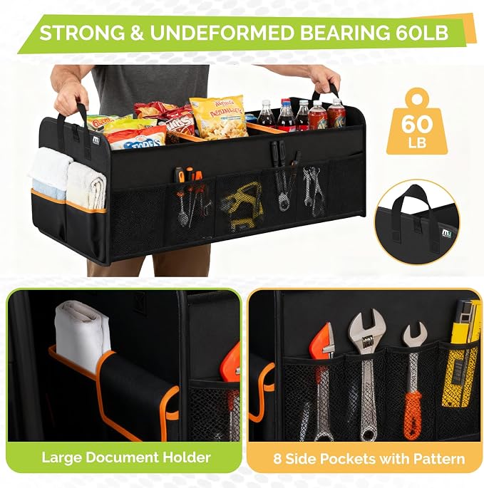 Trunk Organizer for SUV, Collapsible Trunk Organizer for Car, Non-Slip Bottom, Storage Organizer for Sedans, Van, Jeep, Grocery, Large 4 Compartments, Black Mixed Orange 32"×13"×12"
