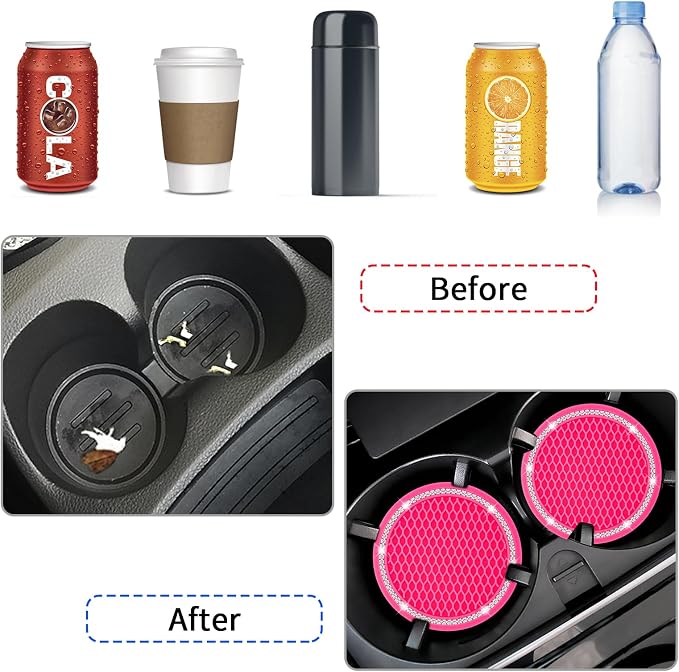 Car Coasters, 4 Pack Universal Vehicle Bling Car Coaster, Rhinestone Coaster for Cup Holders, Car Interior Accessories 2.75'' Silicone Car Coasters for Women(Hot Pink, White Crystal Circle)